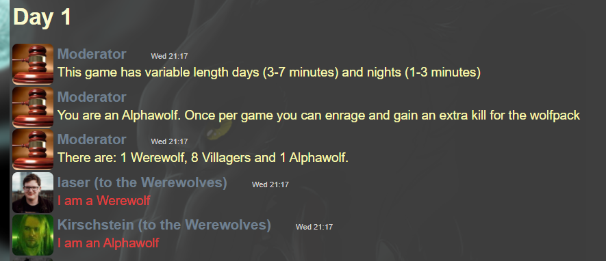 Setup information for a small werewolf online game
